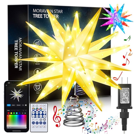 Monrovian Star Tree Topper Star Music Synch Change Colors App Controlled Timer - Picture 2 of 7